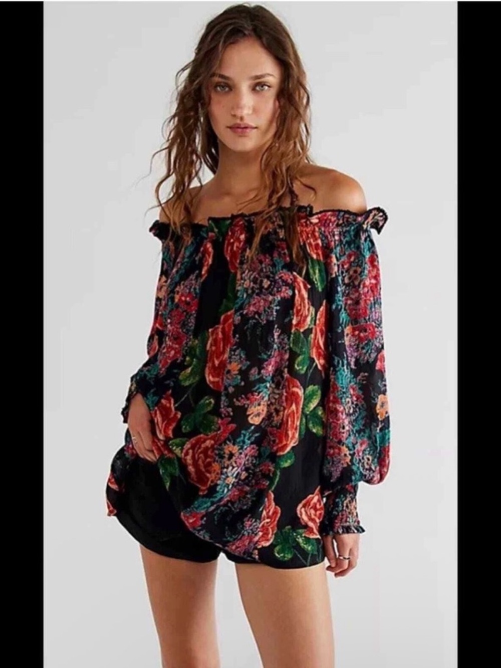NWT Free People Elena Floral Off Shoulder Oversized Top Blouse XS C1